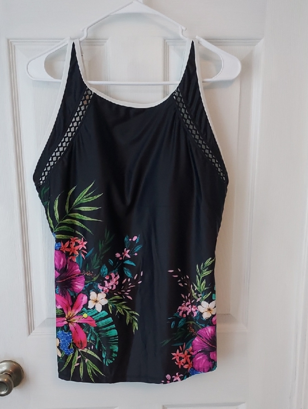 Black Floral Tankini Top with Pink & Green Tropical Print